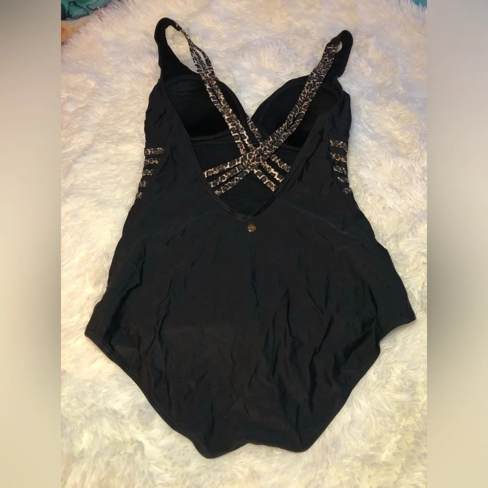 Black One-Piece Swimsuit with Patterned Straps